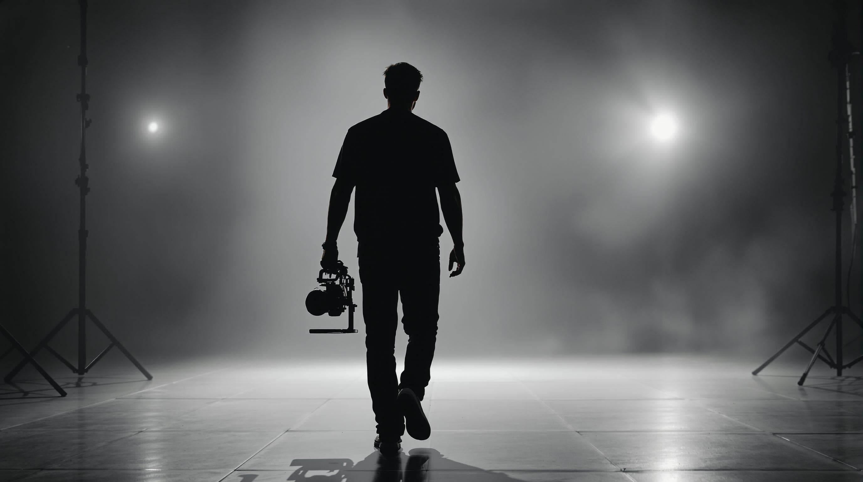 Filmmaker walking away from camera in dimly light studio, holding a camera rig at his waist. Silhouetted by moody backlight. Black, grey, and white tones. Cinematic 8K. Shot on 35mm lens, f/1.8, ISO 100, 1/125 shutter. Clean floor with subtle haze for depth. Low wide angle, rule of thirds. Minimalist luxury feel, soft film grain. Negative space for text. Professional, bold, high-end vibe. 
